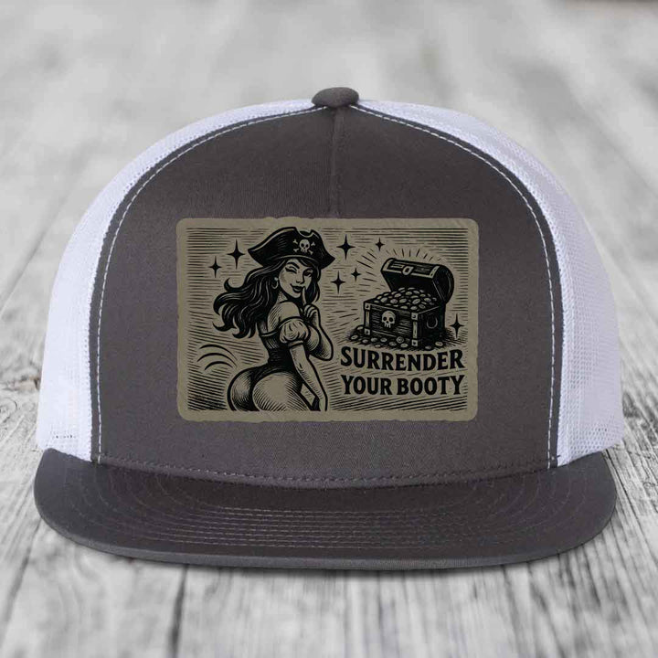 Surrender Your Booty - Leather Patch Hat - Light Brown to Black Patch - Yupoong 6006 Snapback Flatbill Hat