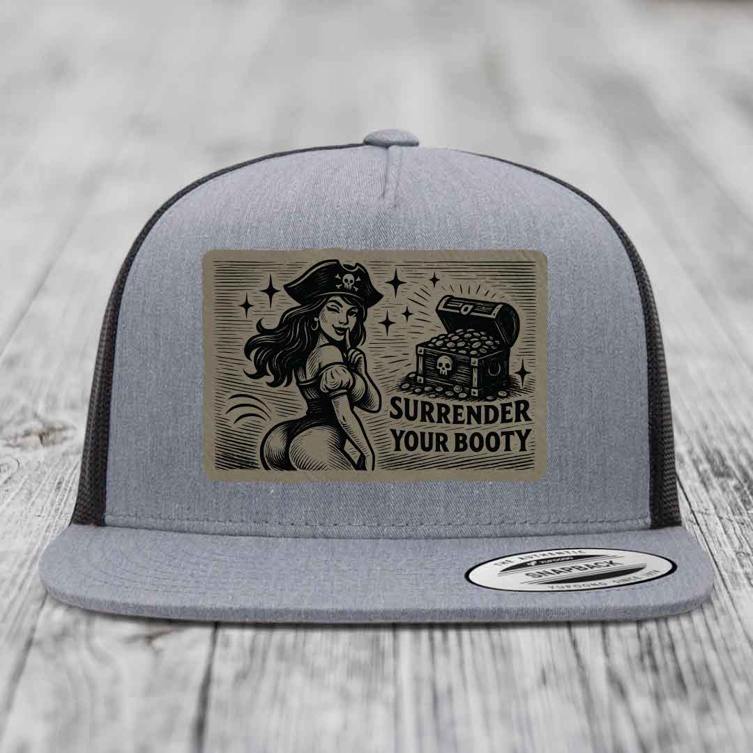 Surrender Your Booty - Leather Patch Hat - Light Brown to Black Patch - Yupoong 6006 Snapback Flatbill Hat