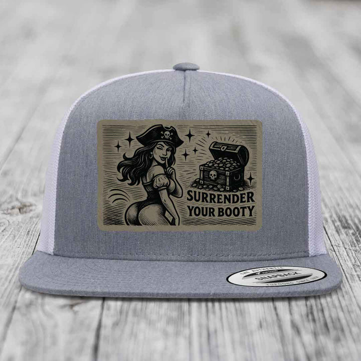 Surrender Your Booty - Leather Patch Hat - Light Brown to Black Patch - Yupoong 6006 Snapback Flatbill Hat