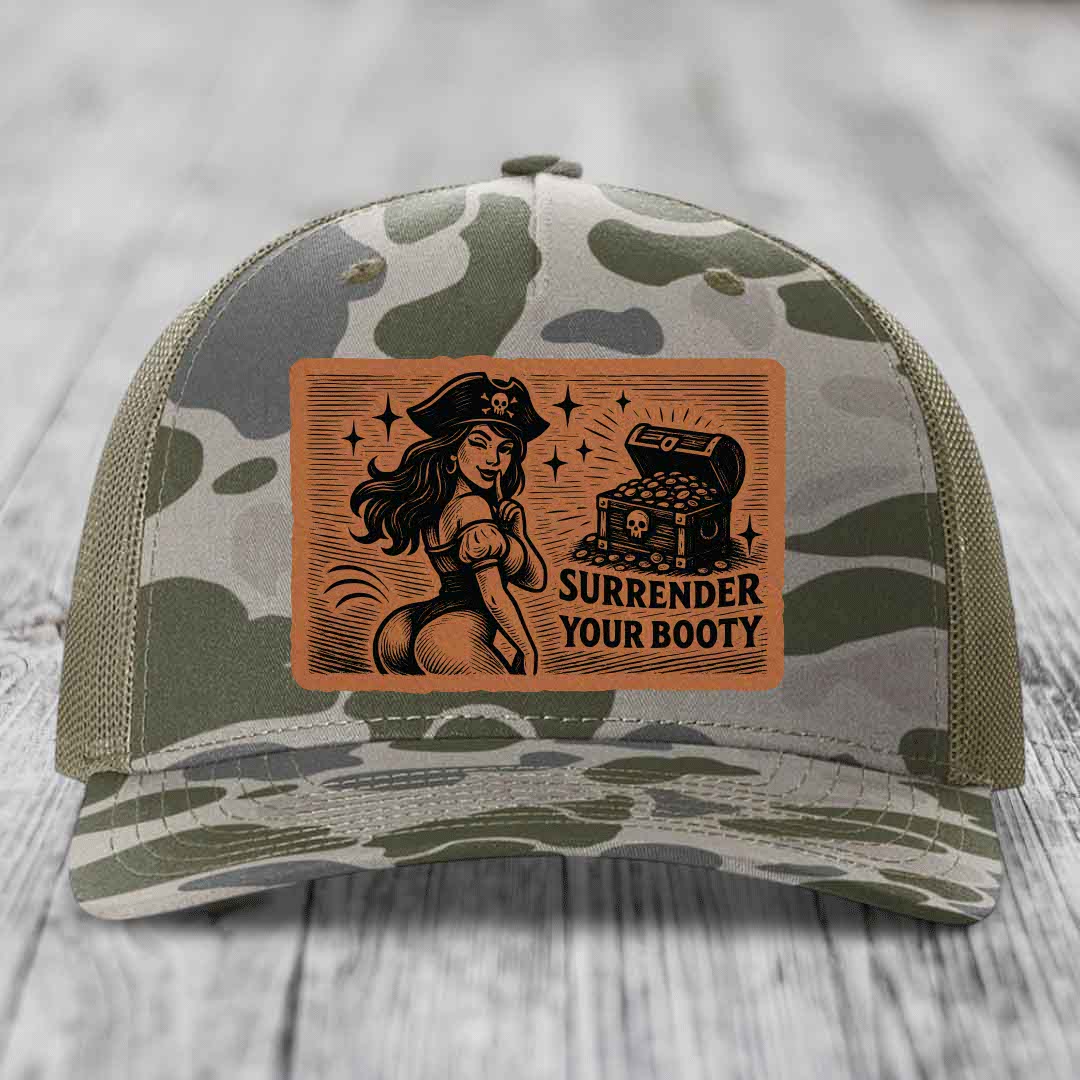Surrender Your Booty - Leather Patch Hat - Rawhide to Black Patch - Richardson 112PFP Snapback Trucker Hat
