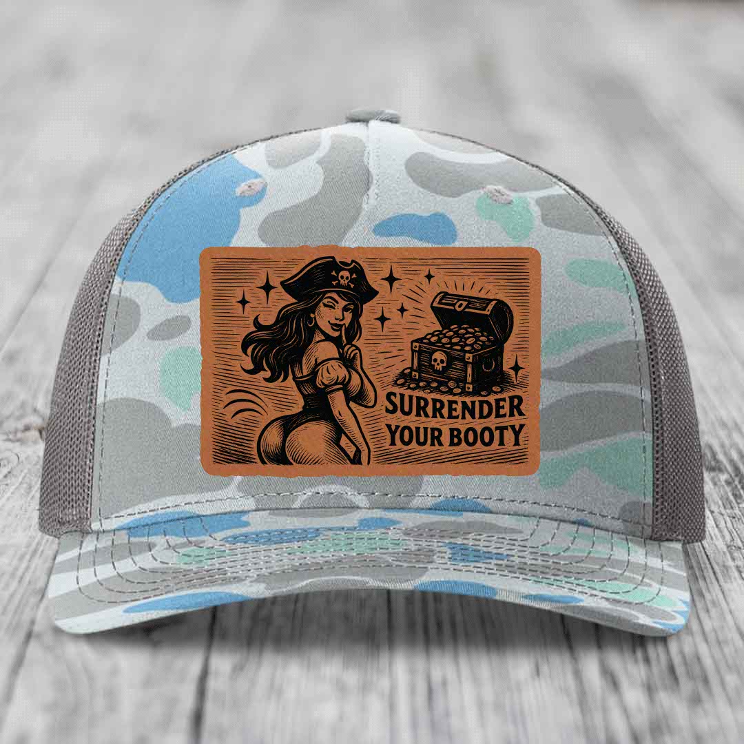 Surrender Your Booty - Leather Patch Hat - Rawhide to Black Patch - Richardson 112PFP Snapback Trucker Hat