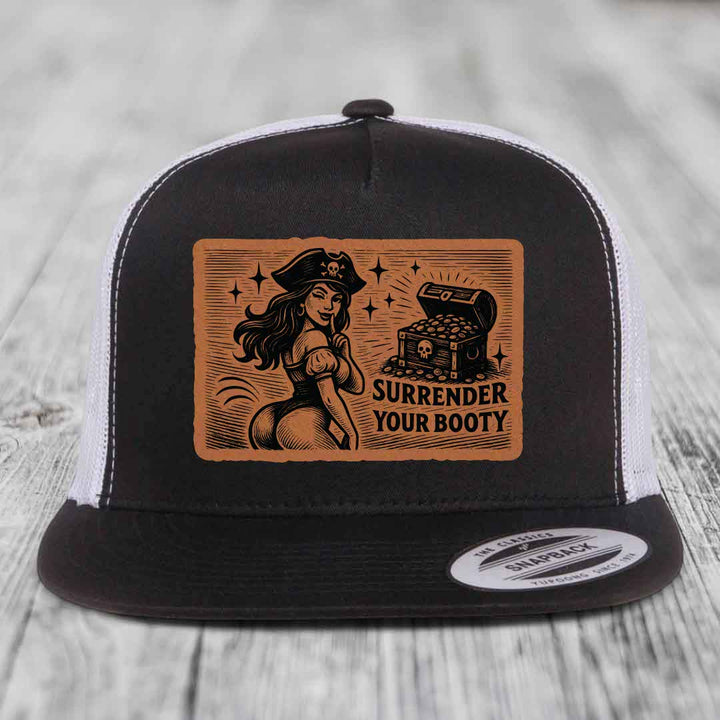 Surrender Your Booty - Leather Patch Hat - Rawhide to Black Patch - Yupoong 6006 Snapback Flatbill Hat