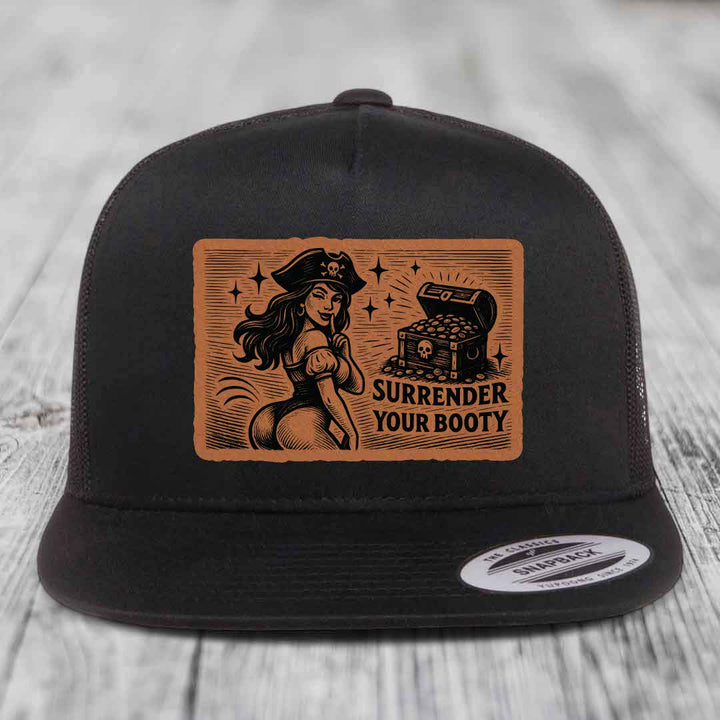 Surrender Your Booty - Leather Patch Hat - Rawhide to Black Patch - Yupoong 6006 Snapback Flatbill Hat