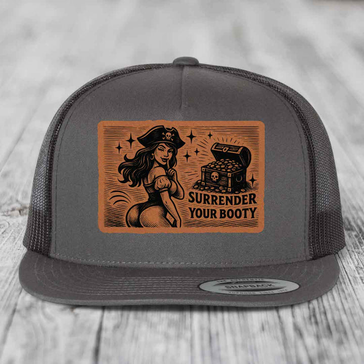 Surrender Your Booty - Leather Patch Hat - Rawhide to Black Patch - Yupoong 6006 Snapback Flatbill Hat
