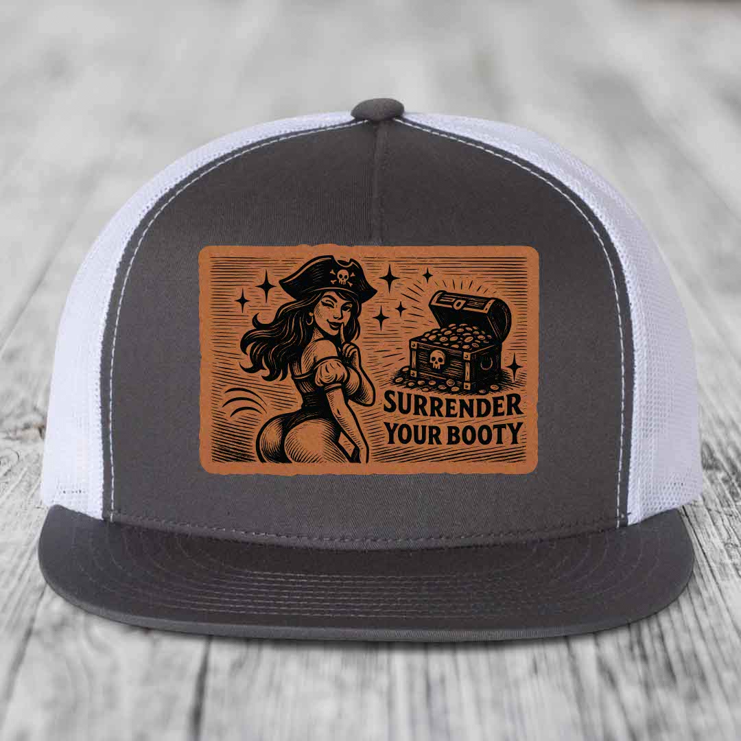 Surrender Your Booty - Leather Patch Hat - Rawhide to Black Patch - Yupoong 6006 Snapback Flatbill Hat
