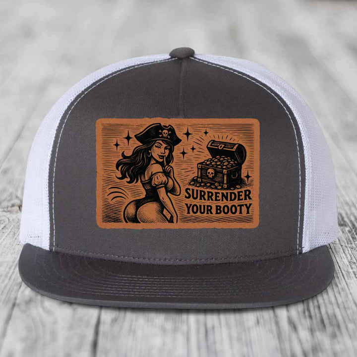 Surrender Your Booty - Leather Patch Hat - Rawhide to Black Patch - Yupoong 6006 Snapback Flatbill Hat