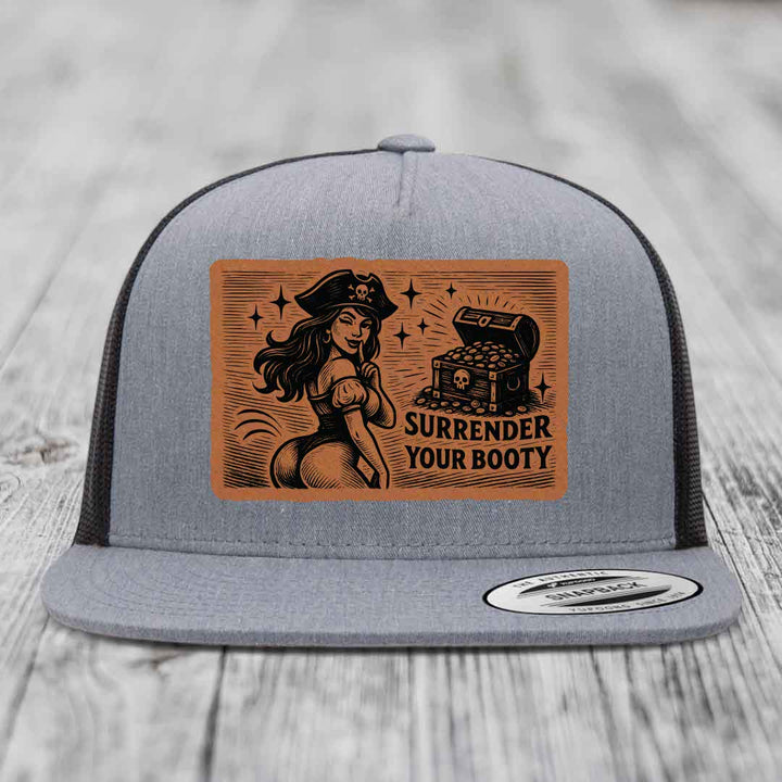 Surrender Your Booty - Leather Patch Hat - Rawhide to Black Patch - Yupoong 6006 Snapback Flatbill Hat