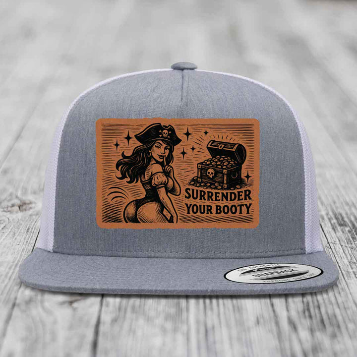 Surrender Your Booty - Leather Patch Hat - Rawhide to Black Patch - Yupoong 6006 Snapback Flatbill Hat