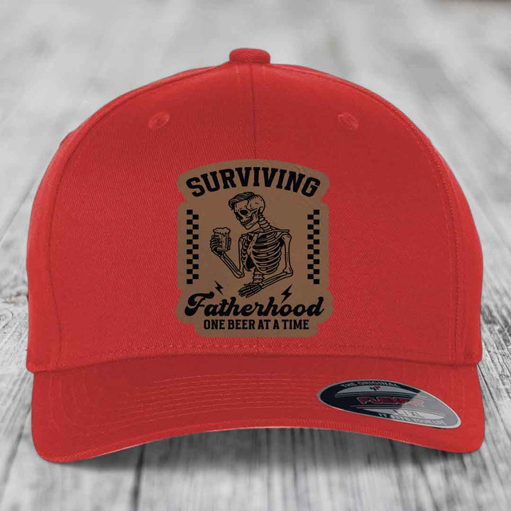 Surviving Fatherhood, One Beer At A Time - Leather Patch Hat - Dark Brown to Black Patch - Flexfit 6277 Fitted Hat