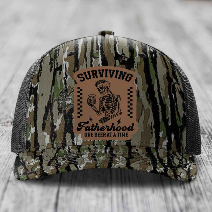 Surviving Fatherhood, One Beer At A Time - Leather Patch Hat - Dark Brown to Black Patch - Richardson 112PFP Snapback Trucker Hat
