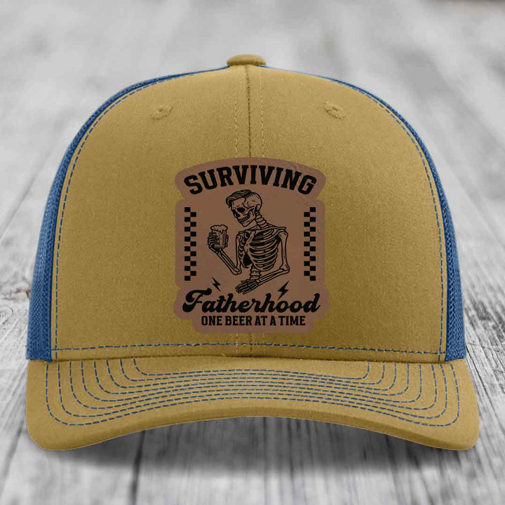 Surviving Fatherhood, One Beer At A Time - Leather Patch Hat - Dark Brown to Black Patch - Richardson 112 Snapback Trucker Hat