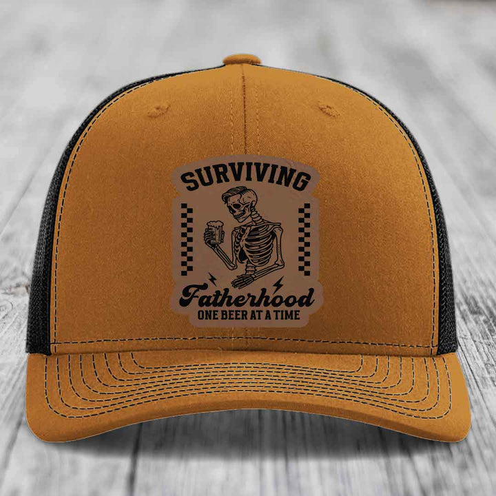 Surviving Fatherhood, One Beer At A Time - Leather Patch Hat - Dark Brown to Black Patch - Richardson 112 Snapback Trucker Hat
