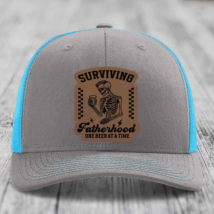 Surviving Fatherhood, One Beer At A Time - Leather Patch Hat - Dark Brown to Black Patch - Richardson 112 Snapback Trucker Hat