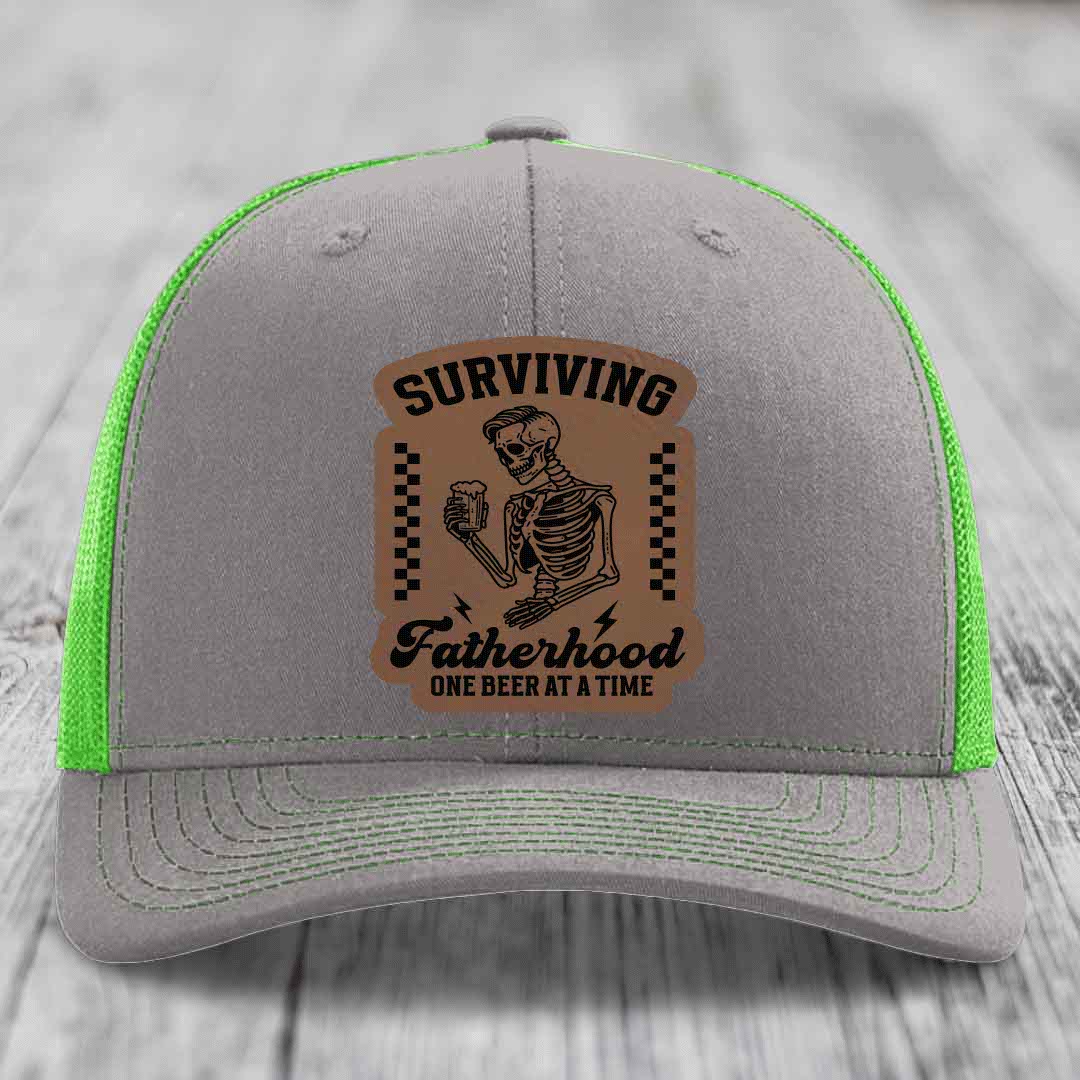 Surviving Fatherhood, One Beer At A Time - Leather Patch Hat - Dark Brown to Black Patch - Richardson 112 Snapback Trucker Hat
