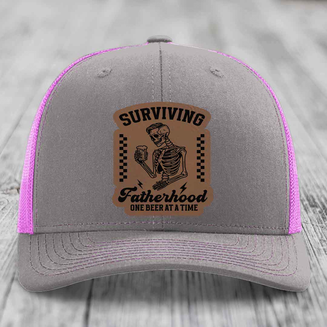 Surviving Fatherhood, One Beer At A Time - Leather Patch Hat - Dark Brown to Black Patch - Richardson 112 Snapback Trucker Hat
