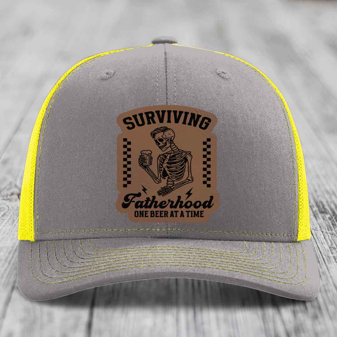 Surviving Fatherhood, One Beer At A Time - Leather Patch Hat - Dark Brown to Black Patch - Richardson 112 Snapback Trucker Hat