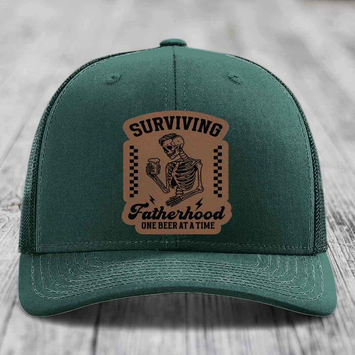 Surviving Fatherhood, One Beer At A Time - Leather Patch Hat - Dark Brown to Black Patch - Richardson 112 Snapback Trucker Hat