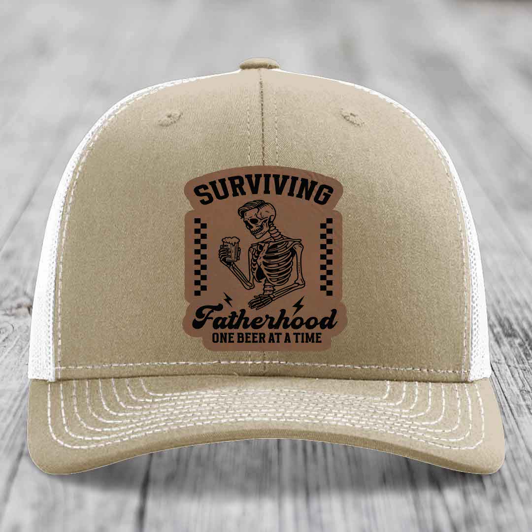 Surviving Fatherhood, One Beer At A Time - Leather Patch Hat - Dark Brown to Black Patch - Richardson 112 Snapback Trucker Hat