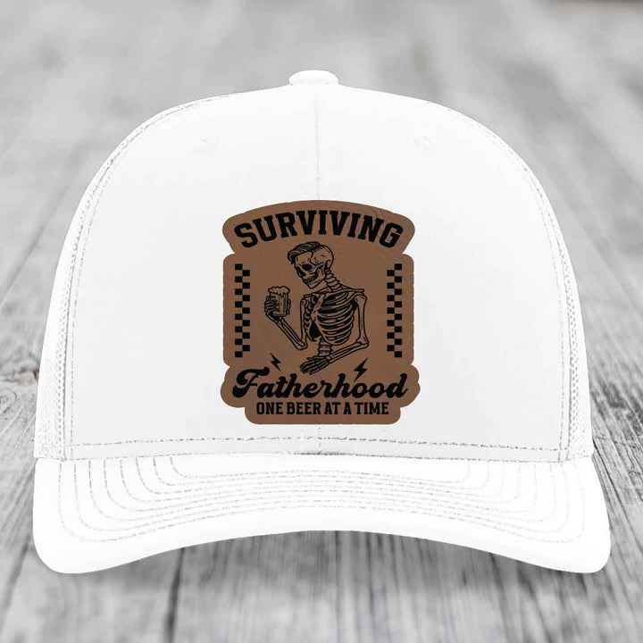 Surviving Fatherhood, One Beer At A Time - Leather Patch Hat - Dark Brown to Black Patch - Richardson 112 Snapback Trucker Hat