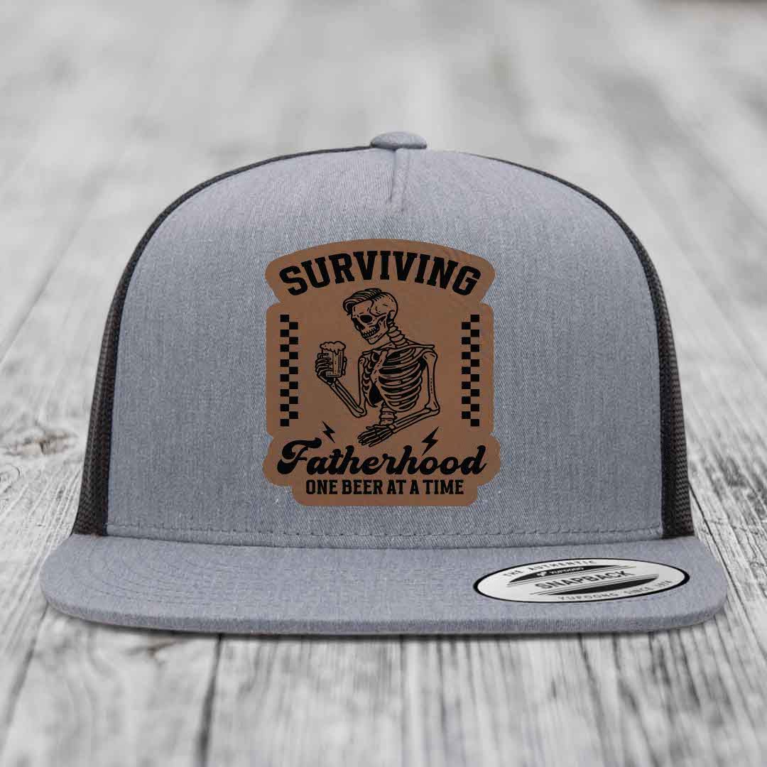 Surviving Fatherhood, One Beer At A Time - Leather Patch Hat - Dark Brown to Black Patch - Yupoong 6006 Snapback Flatbill Hat