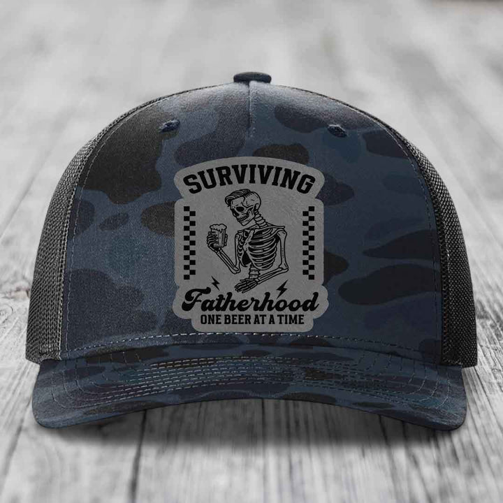 Surviving Fatherhood, One Beer At A Time - Leather Patch Hat - Grey to Black Patch - Richardson 112PFP Snapback Trucker Hat