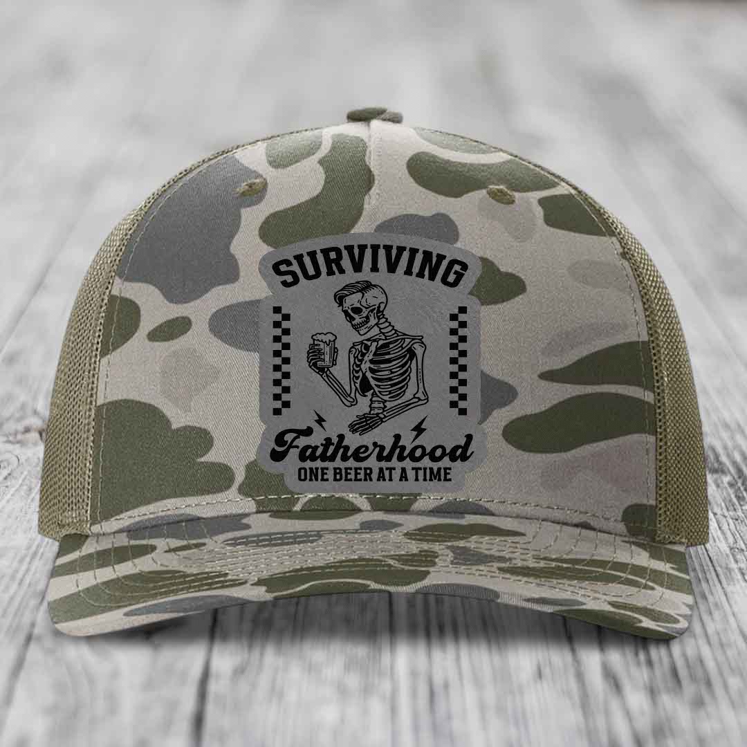 Surviving Fatherhood, One Beer At A Time - Leather Patch Hat - Grey to Black Patch - Richardson 112PFP Snapback Trucker Hat