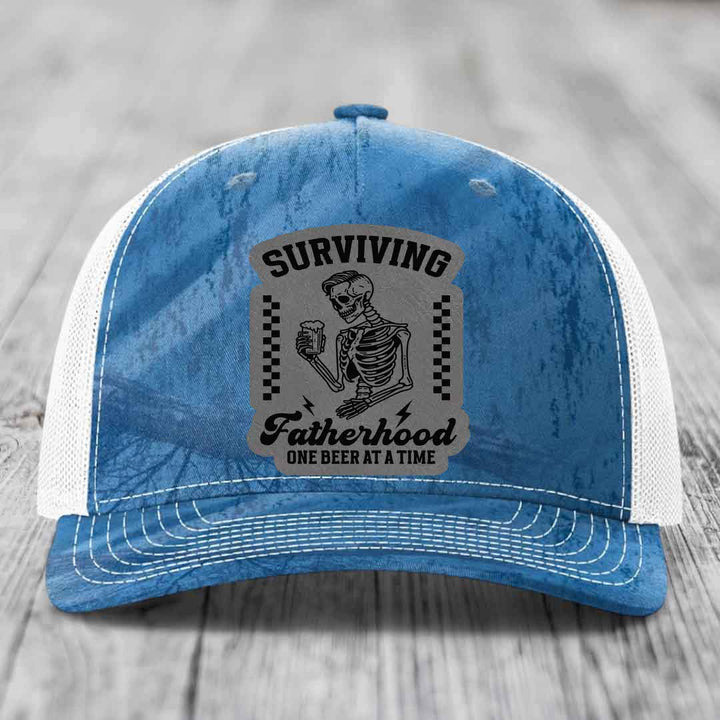 Surviving Fatherhood, One Beer At A Time - Leather Patch Hat - Grey to Black Patch - Richardson 112PFP Snapback Trucker Hat