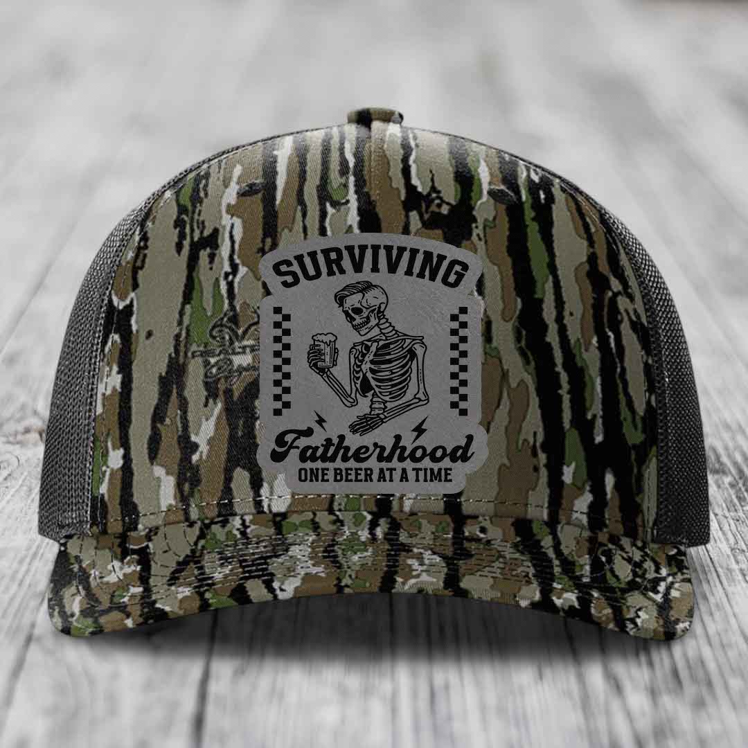 Surviving Fatherhood, One Beer At A Time - Leather Patch Hat - Grey to Black Patch - Richardson 112PFP Snapback Trucker Hat