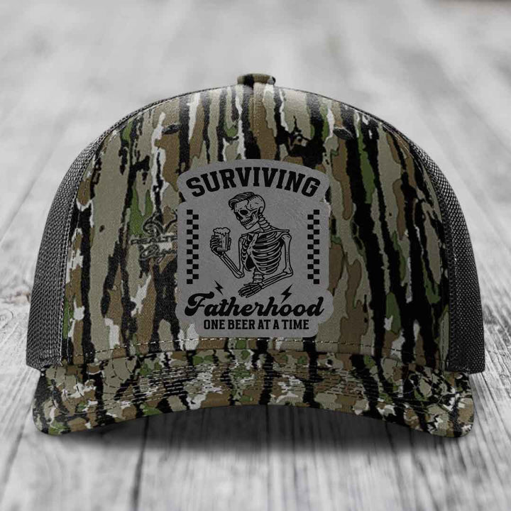 Surviving Fatherhood, One Beer At A Time - Leather Patch Hat - Grey to Black Patch - Richardson 112PFP Snapback Trucker Hat