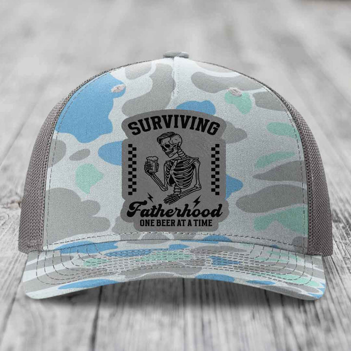Surviving Fatherhood, One Beer At A Time - Leather Patch Hat - Grey to Black Patch - Richardson 112PFP Snapback Trucker Hat