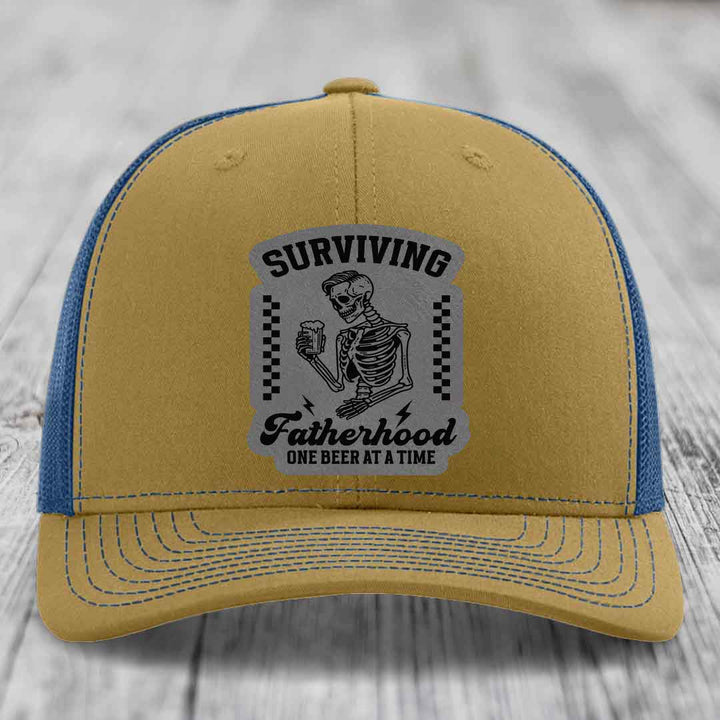 Surviving Fatherhood, One Beer At A Time - Leather Patch Hat - Grey to Black Patch - Richardson 112 Snapback Trucker Hat