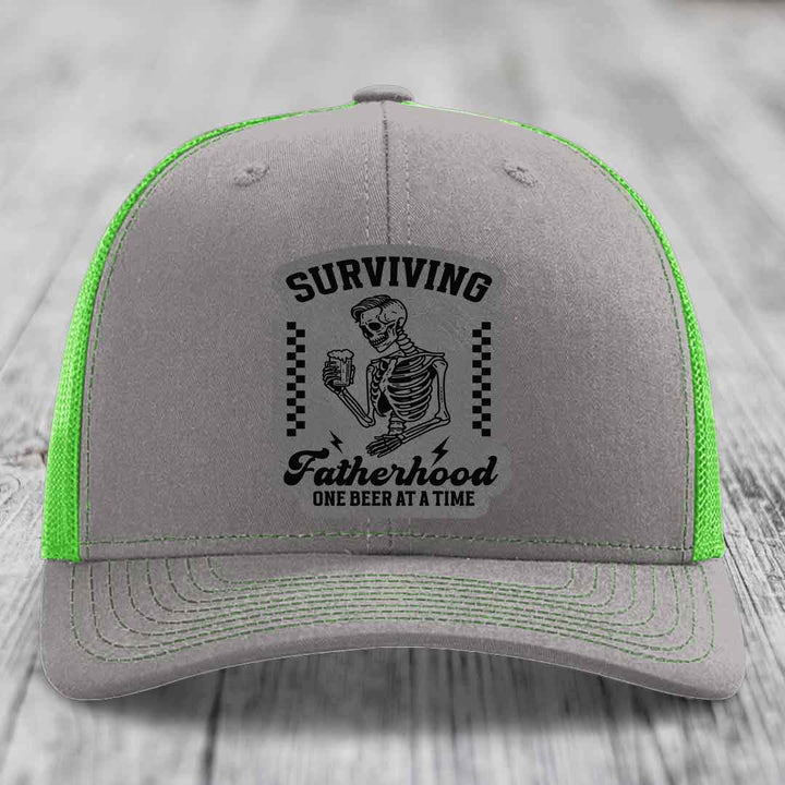 Surviving Fatherhood, One Beer At A Time - Leather Patch Hat - Grey to Black Patch - Richardson 112 Snapback Trucker Hat