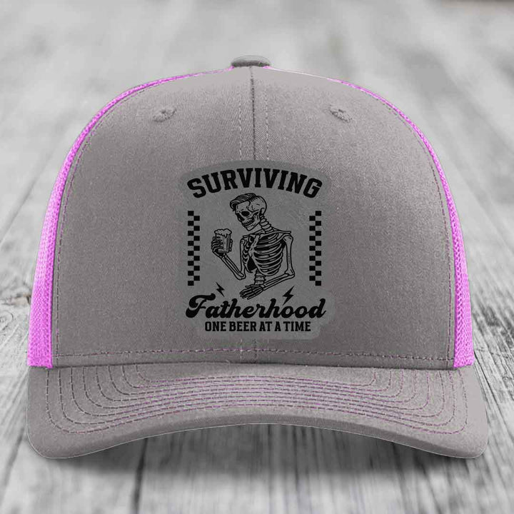 Surviving Fatherhood, One Beer At A Time - Leather Patch Hat - Grey to Black Patch - Richardson 112 Snapback Trucker Hat