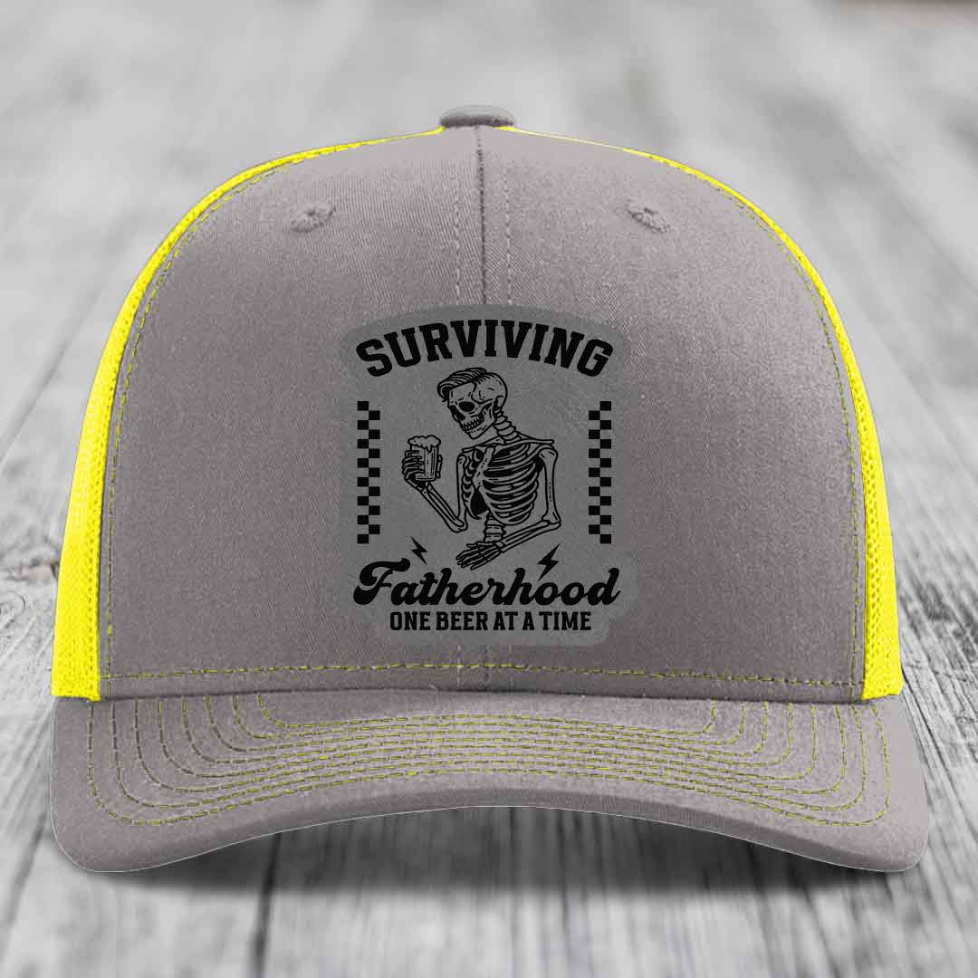 Surviving Fatherhood, One Beer At A Time - Leather Patch Hat - Grey to Black Patch - Richardson 112 Snapback Trucker Hat