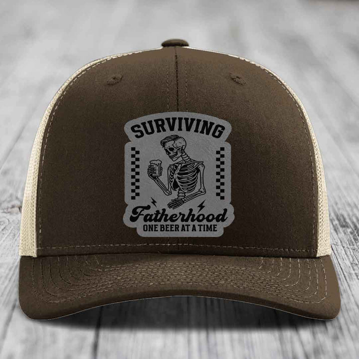 Surviving Fatherhood, One Beer At A Time - Leather Patch Hat - Grey to Black Patch - Richardson 112 Snapback Trucker Hat