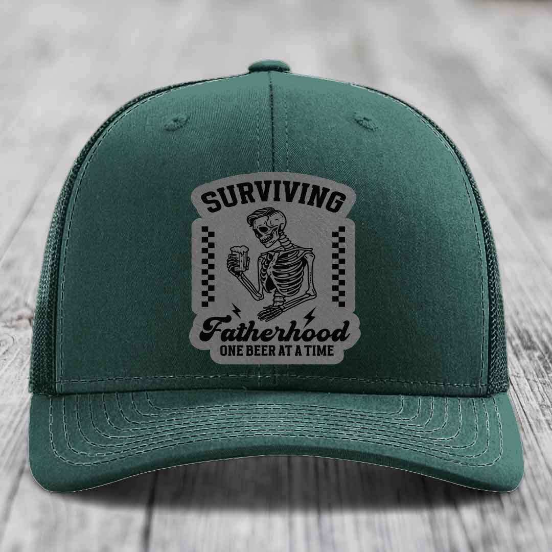 Surviving Fatherhood, One Beer At A Time - Leather Patch Hat - Grey to Black Patch - Richardson 112 Snapback Trucker Hat