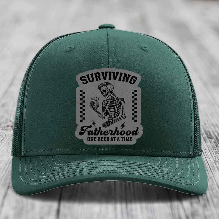 Surviving Fatherhood, One Beer At A Time - Leather Patch Hat - Grey to Black Patch - Richardson 112 Snapback Trucker Hat