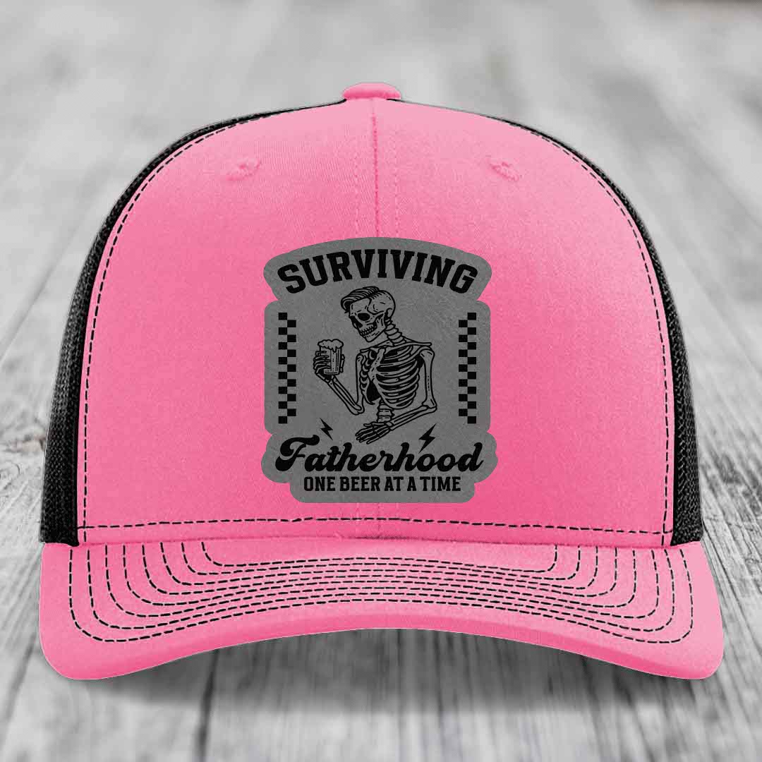 Surviving Fatherhood, One Beer At A Time - Leather Patch Hat - Grey to Black Patch - Richardson 112 Snapback Trucker Hat