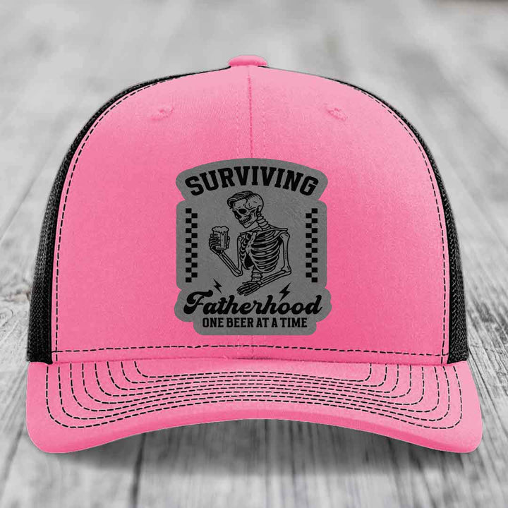 Surviving Fatherhood, One Beer At A Time - Leather Patch Hat - Grey to Black Patch - Richardson 112 Snapback Trucker Hat