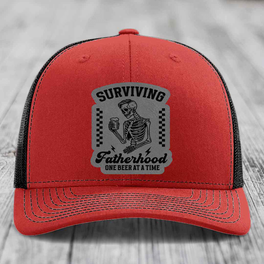 Surviving Fatherhood, One Beer At A Time - Leather Patch Hat - Grey to Black Patch - Richardson 112 Snapback Trucker Hat