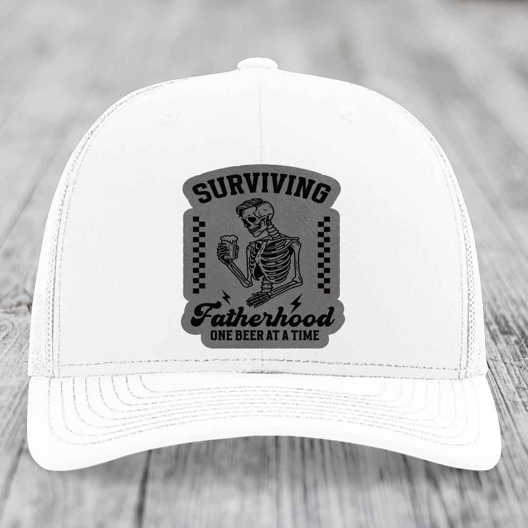 Surviving Fatherhood, One Beer At A Time - Leather Patch Hat - Grey to Black Patch - Richardson 112 Snapback Trucker Hat