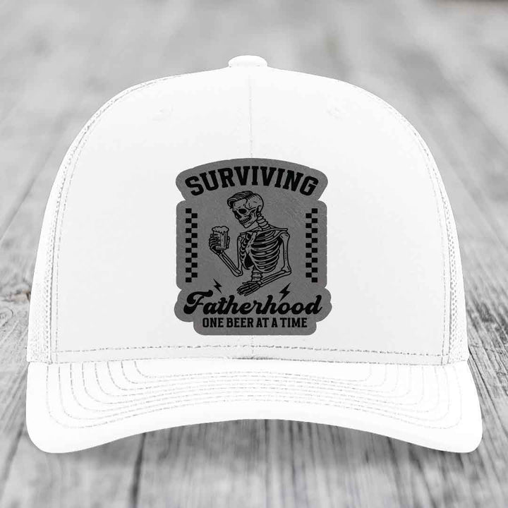Surviving Fatherhood, One Beer At A Time - Leather Patch Hat - Grey to Black Patch - Richardson 112 Snapback Trucker Hat