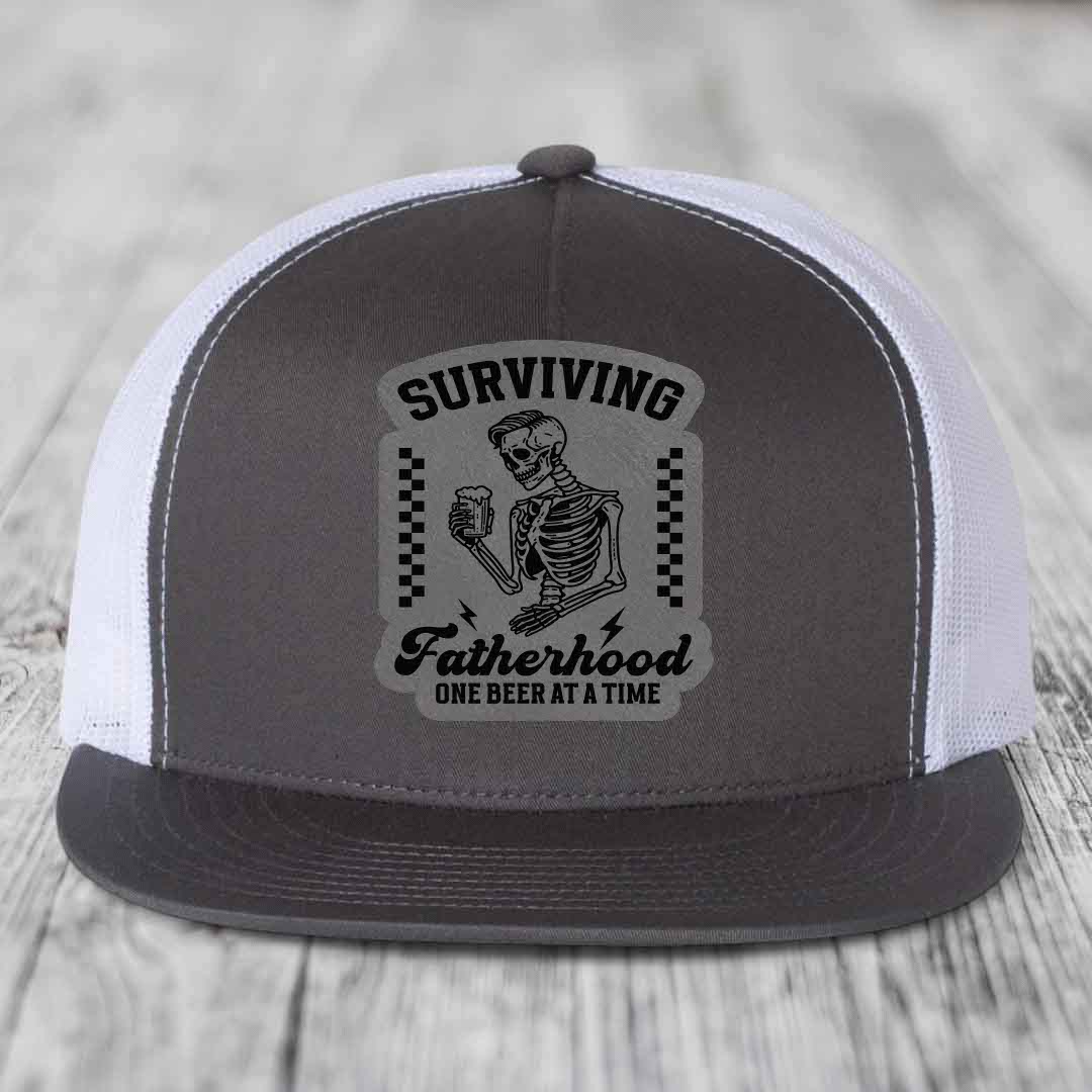 Surviving Fatherhood, One Beer At A Time - Leather Patch Hat - Grey to Black Patch - Yupoong 6006 Snapback Flatbill Hat