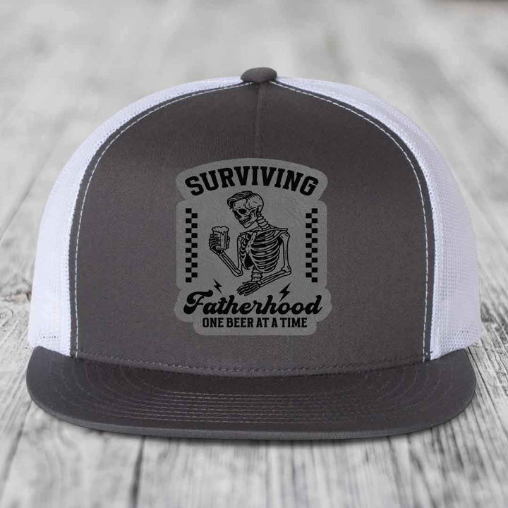 Surviving Fatherhood, One Beer At A Time - Leather Patch Hat - Grey to Black Patch - Yupoong 6006 Snapback Flatbill Hat