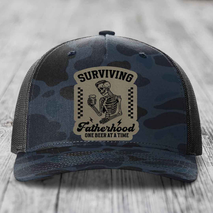 Surviving Fatherhood, One Beer At A Time - Leather Patch Hat - Light Brown to Black Patch - Richardson 112PFP Snapback Trucker Hat