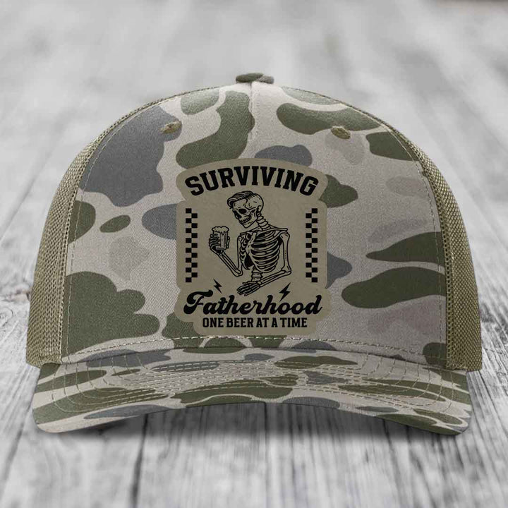Surviving Fatherhood, One Beer At A Time - Leather Patch Hat - Light Brown to Black Patch - Richardson 112PFP Snapback Trucker Hat