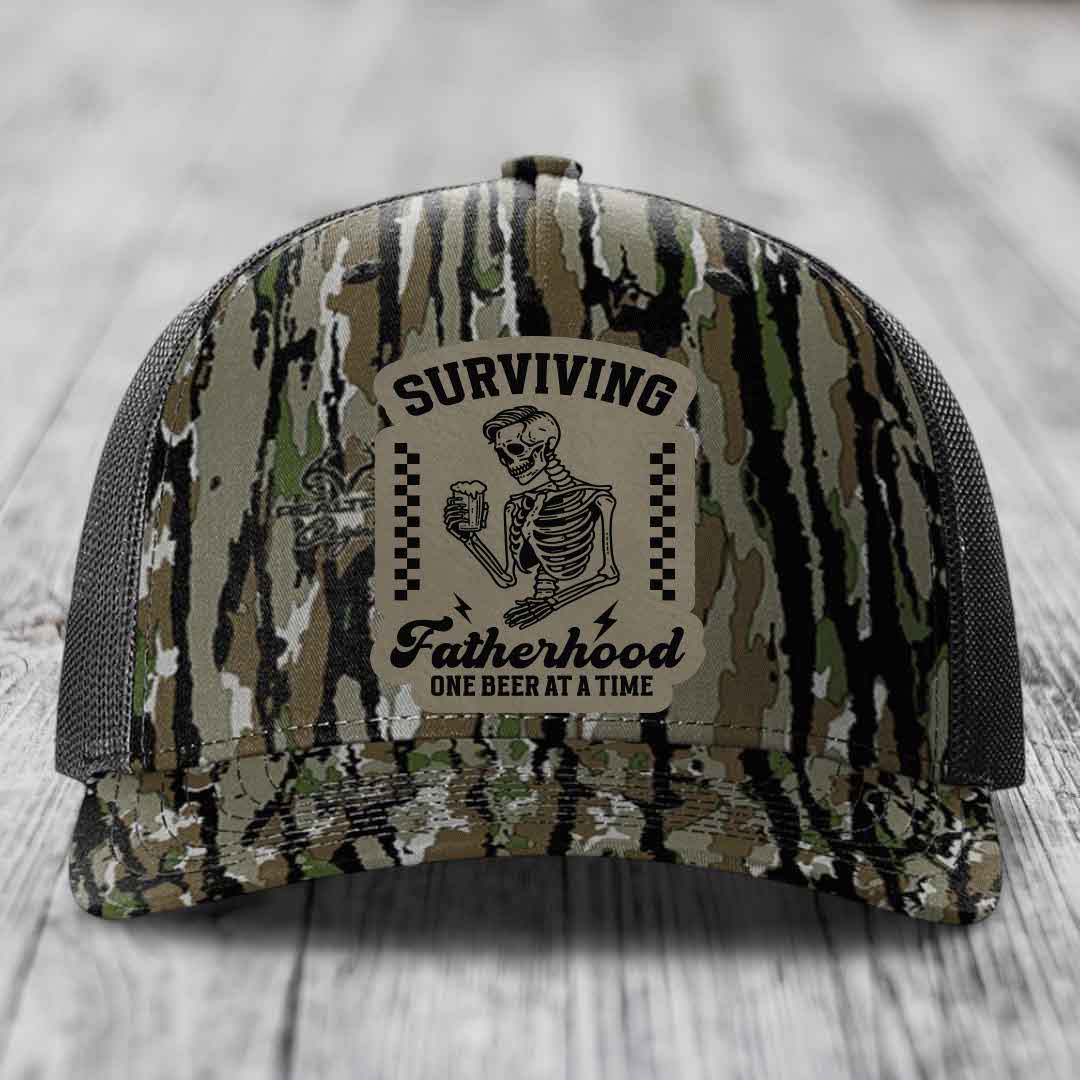 Surviving Fatherhood, One Beer At A Time - Leather Patch Hat - Light Brown to Black Patch - Richardson 112PFP Snapback Trucker Hat