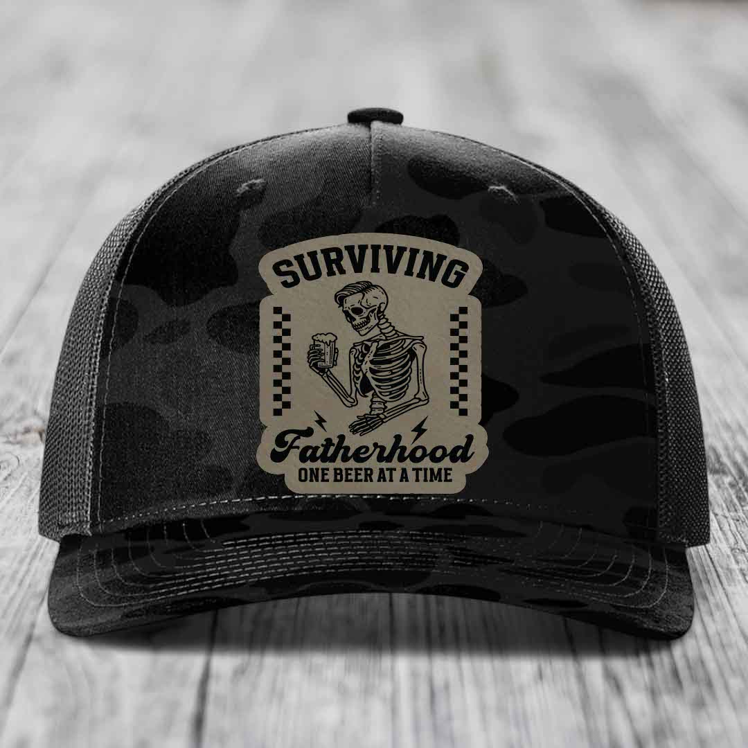 Surviving Fatherhood, One Beer At A Time - Leather Patch Hat - Light Brown to Black Patch - Richardson 112PFP Snapback Trucker Hat