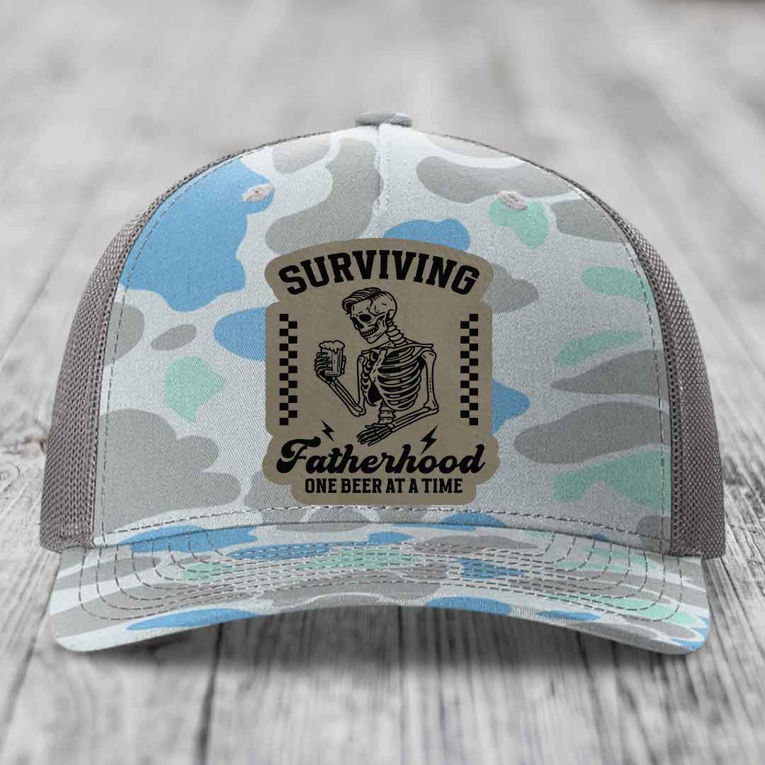Surviving Fatherhood, One Beer At A Time - Leather Patch Hat - Light Brown to Black Patch - Richardson 112PFP Snapback Trucker Hat