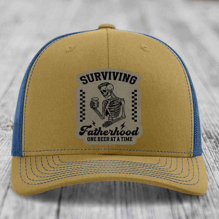 Surviving Fatherhood, One Beer At A Time - Leather Patch Hat - Light Brown to Black Patch - Richardson 112 Snapback Trucker Hat